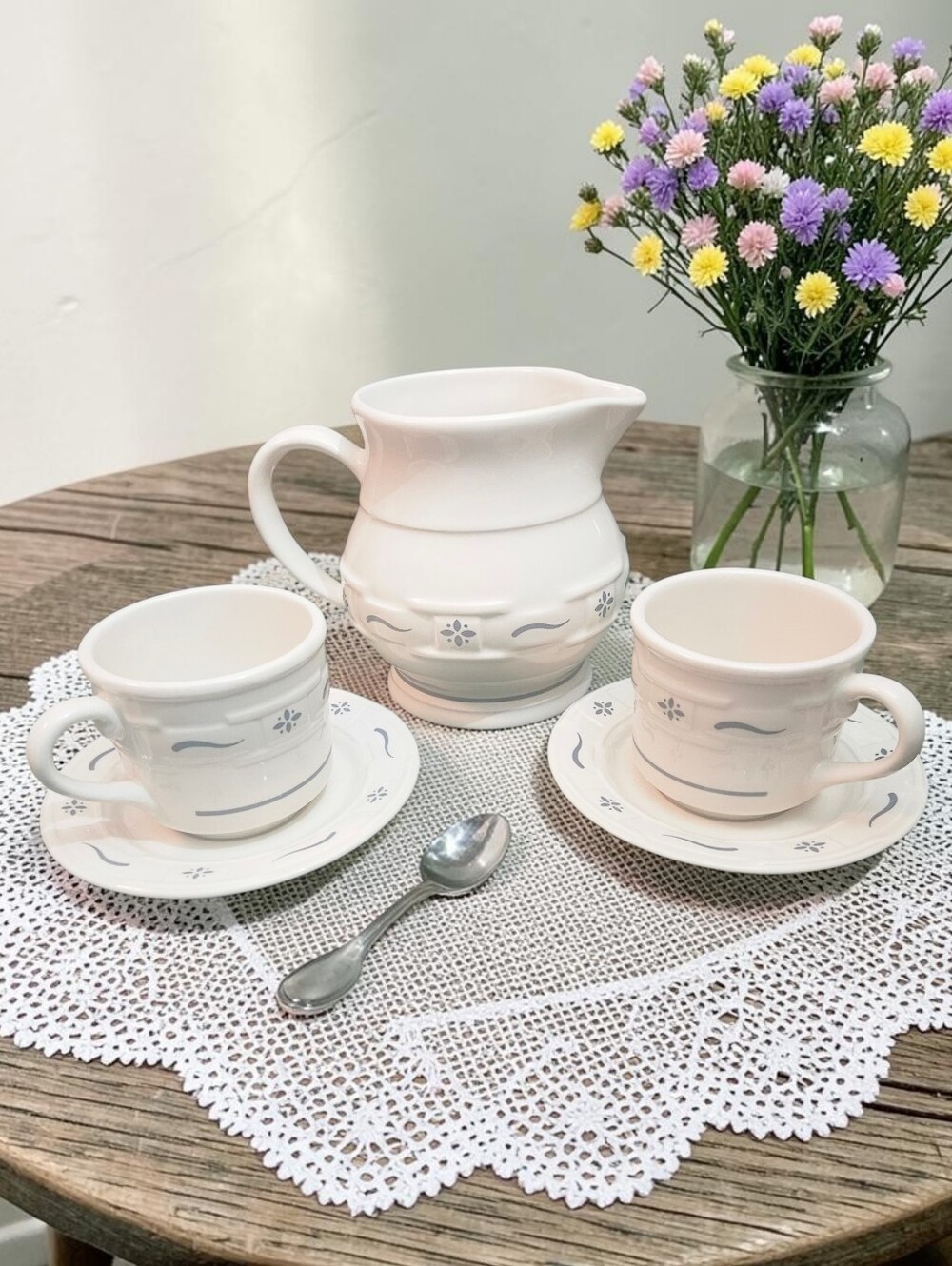 Vintage Longaberger Woven Traditions Classic Blue Pitcher & Flat Cup Saucer Set - Picture 1 of 10
